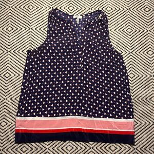 Joie Women's M Sleeveless 100% Silk Blouse Blue Red Triangle Print Stripe Twee